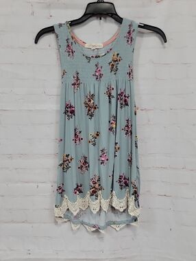 Rewind Light Blue Floral Crochet Trim Tank Top